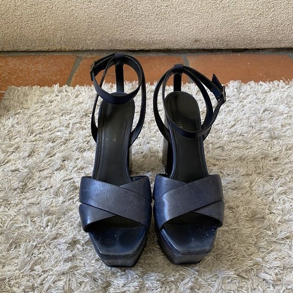 Saint Laurent Womens Blue Leather Farrah Cross Strap Platform Sandal Size 36.5 - Picture 1 of 12